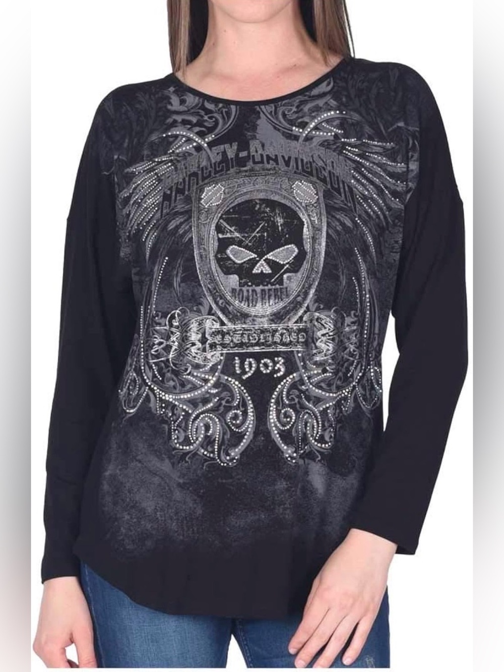 Harley-Davidson Women's Iron Feather Embellished Long Sleeve Graphic Skull Top